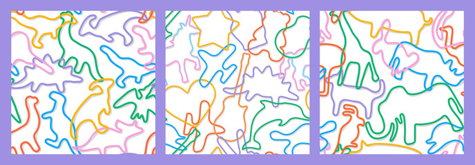 Funny abstract animal shape seamless pattern set. Children toy wrist band decoration background collection, colorful kid backdrop with dinosaur, plane and unicorn bands.