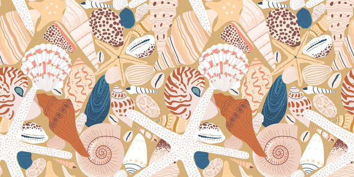 Diverse tropical beach sea shell seamless pattern. Summer marine animal background design. Vacation travel concept. Ocean snail collection flat cartoon backdrop illustration.