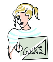 One line drawing of 'no weapons' concept.
One continuous line drawing of woman protestor holding protest billboard.