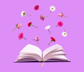 Various fresh spring flowers that comes out of the book, against pink background. Minimal nature concept. Education background. Love reading concept.