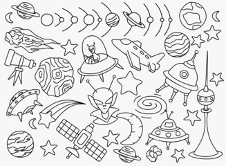 Space doodles set. Astronomy. Cosmic sketches. Zodiac. Planets. Moon and stars. Sun. Spaceship. Meteor. Comet. Alien. Asteroid. Cosmic set. Constellation. Space stickers. Universe scribbles. Galaxy.