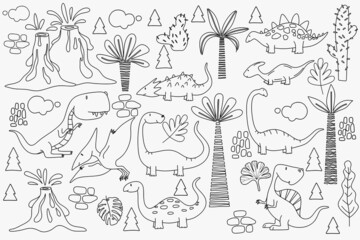 Cute dinosaurs and tropic plants. Funny cartoon dino collection. Hand drawn vector doodle set for kids.