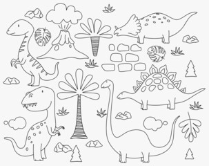 Cute dinosaurs and tropic plants. Funny cartoon dino collection. Hand drawn vector doodle set for kids.
