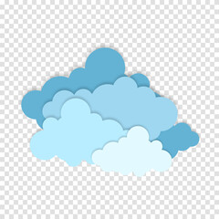 Blue paper cut out cloud icons, signs,weather symbols. Paper cut lot of clouds. Sunny day clouds. Creative paper craft art style, vector illustration.