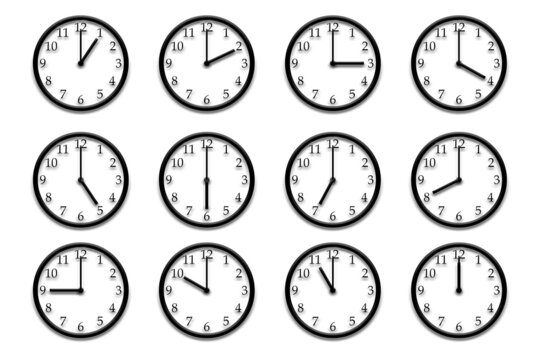 Twelve embossed wall clocks, each showing a different full hour of the day, 1-12. For use in other illustrations.