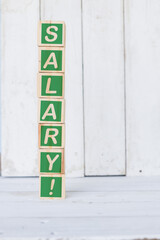 wooden cube, with the word salary, on white background