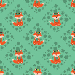 Fototapeta premium cute fox in Saint Patrick's Day with 4 leaves clover seamless pattern for print or fabric