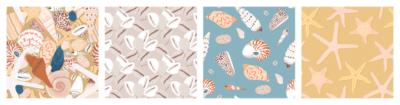 Vintage tropical beach sea shell seamless pattern collection. Summer marine animal background set. Vacation travel concept. Ocean snail collection flat cartoon backdrop illustration.