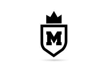 black and white M alphabet letter icon logo with shield and king crown design. Creative template for business and company
