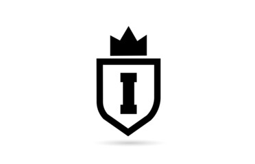 black and white I alphabet letter icon logo with shield and king crown design. Creative template for business and company