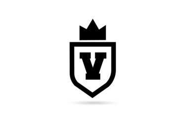 black and white V alphabet letter icon logo with shield and king crown design. Creative template for business and company