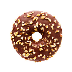 Donut with chocolate glaze and nuts sprinkles isolated over white background with clipping path