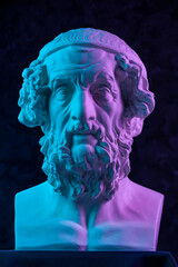 Blue pink gypsum copy of ancient statue Homer head for artists. Plaster antique sculpture of human face. Ancient greek poet and philosopher Homer is the legendary author of the poems Iliad and Odyssey