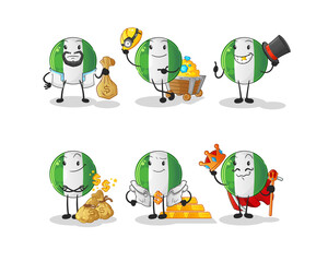 nigerian flag rich group character. cartoon mascot vector