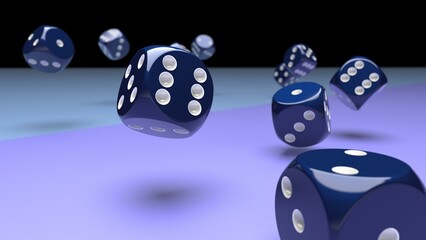 Rolling deep blue-white dices on purple and sky blue planes background. Concept image of statistical probability, gambling activities and decisive battle. 3D CG. 3D illustration.
