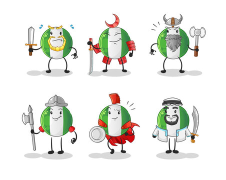 nigerian flag warrior group character. cartoon mascot vector