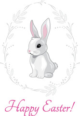 Decorative wreath with cute rabbit. Vintage design for Easter card