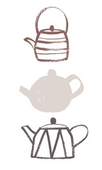 Three colored teapots. Vector set. Drawing, ink, brush, doodle, hand sketch. Tea ceremony, China, Japan, Asia. Isolated, beige and brown.