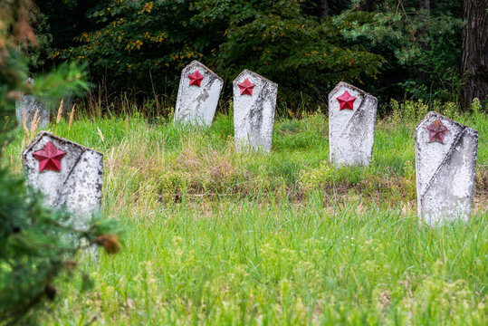 Torun, Poland - August 20, 2021. Old abandoned soviet cemetery - Cmentarz Jencow Wojennych