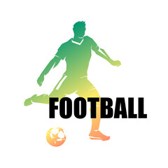 Soccer player with a ball, color isolated image with a yellow-green gradient on a white background with an inscription, a template for the concept of football. Vector illustration