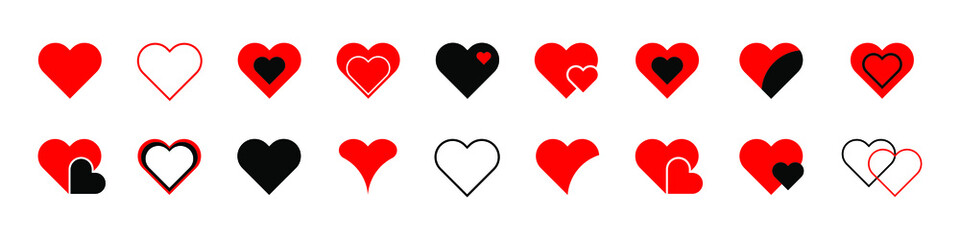 Big set of heart icons. Love symbol icons. Modern flat design. Vector illustration isolated on white background. EPS 10