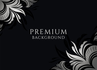 Black background with elegant stylized silver flowers in the corners, a template for covers, postcards, congratulations, invitations to events, advertising in fashion, cosmetology, floristry. Vector