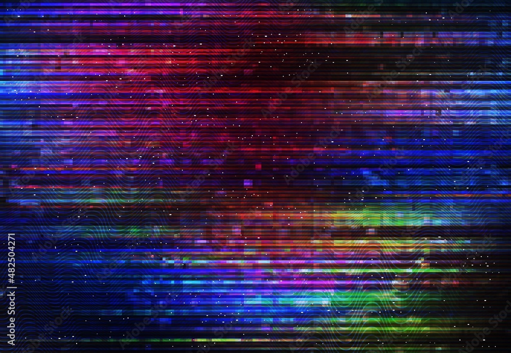 Leinwandbilder Glitch effect digital color distortion screen, lines and pixel noise vector background. TV signal error, VHS video rewind texture, computer bug static fail or broken display abstract backdrop