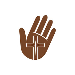 Christianity religion vector icon human hand with catholic cross on open palm. Christian crucifix brown symbol, faith and religious theme emblem