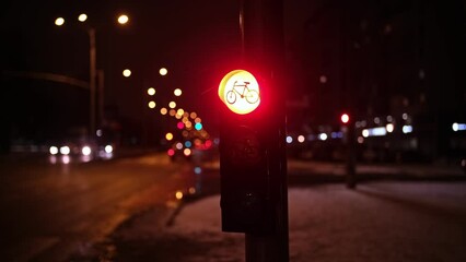 Stop Go Sequence of Bike Lane Traffic Lights at Busy City Street at Night