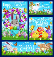 Happy Easter cartoon vector posters. Bunnies, sheep and chicks, painted eggs and wreath on field with flowers and butterflies, cloudy sky. Happy Easter holiday postcards with cute animals banners set.
