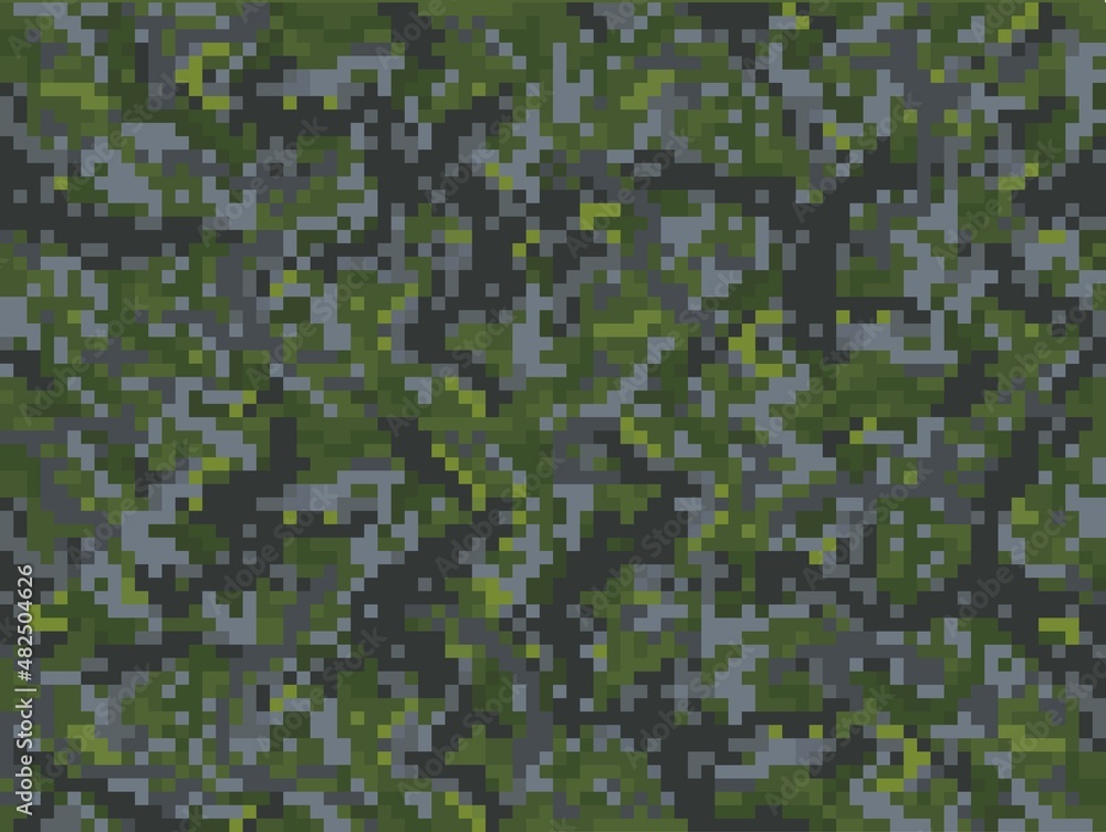 Poster khaki camouflage cubic background pattern with grass and grey stone blocks, vector pixel game 8bit p