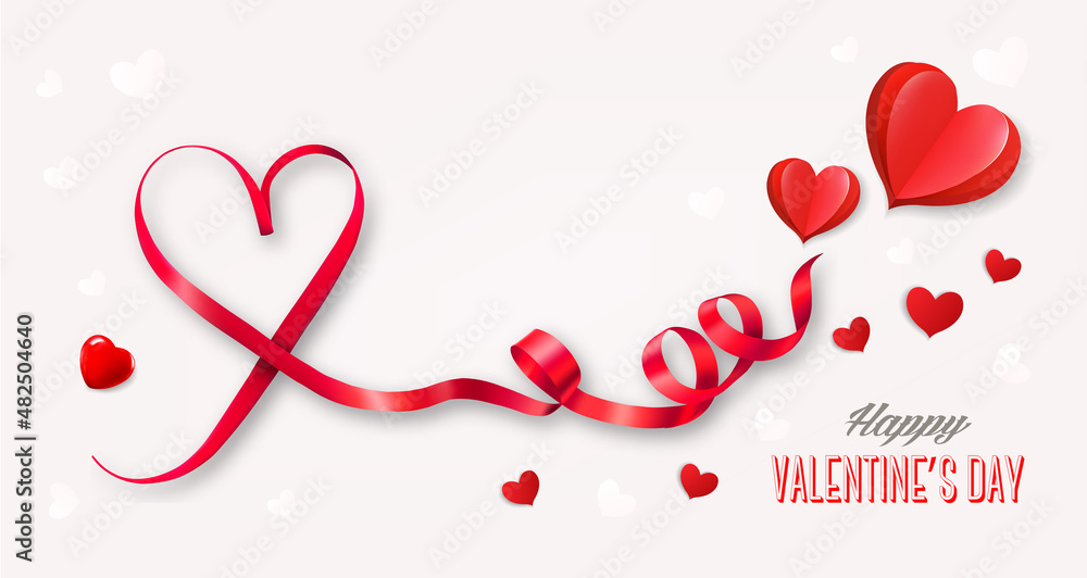 Poster happy valentine's day getting card with heart shape ribbon and red hearts. vector.