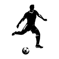 Fototapeta na wymiar Soccer player with ball, black isolated image on white background, template for football concept. Vector illustration