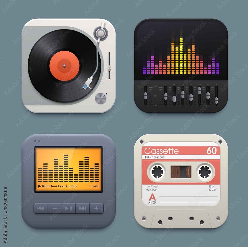 Aufkleber vinyl, cassette and sound music player equalizer icons. application interface realistic vector squar