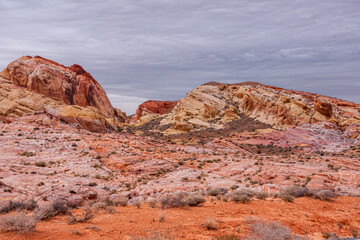 Fototapeta na wymiar Overton, Nevada, USA - February 24, 2010: Valley of Fire. Landscape with different shades of red, yellow, pink and brown rock under heavy rainy sky. Dry desert floor with weeds in front.