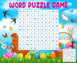 Cartoon Easter eggs, chickens and green meadow word search puzzle game vector worksheet. Kids quiz square grid with English alphabet letters, kids education crossword with find hidden words task