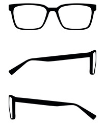 Glasses icon set. simple glasses icon. Front and side glasses. Vector eyeglasses silhouette isolated on a white background.