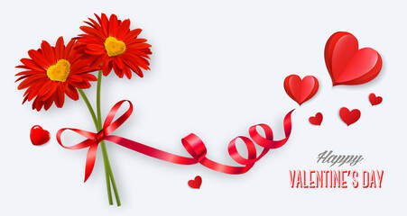 Happy Valentine's Day getting card  with two red flowers and a red ribbon. Vector.