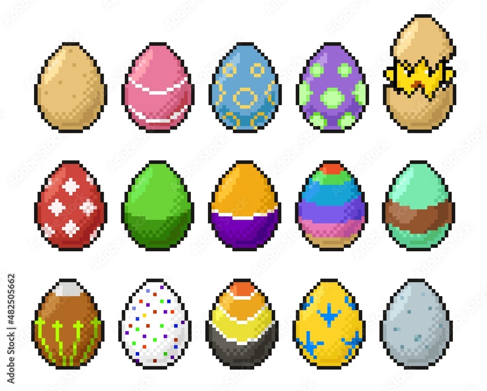 Poster 8bit pixel art happy easter eggs and chicken icons. retro arcade game objects set, eggs and chicken 