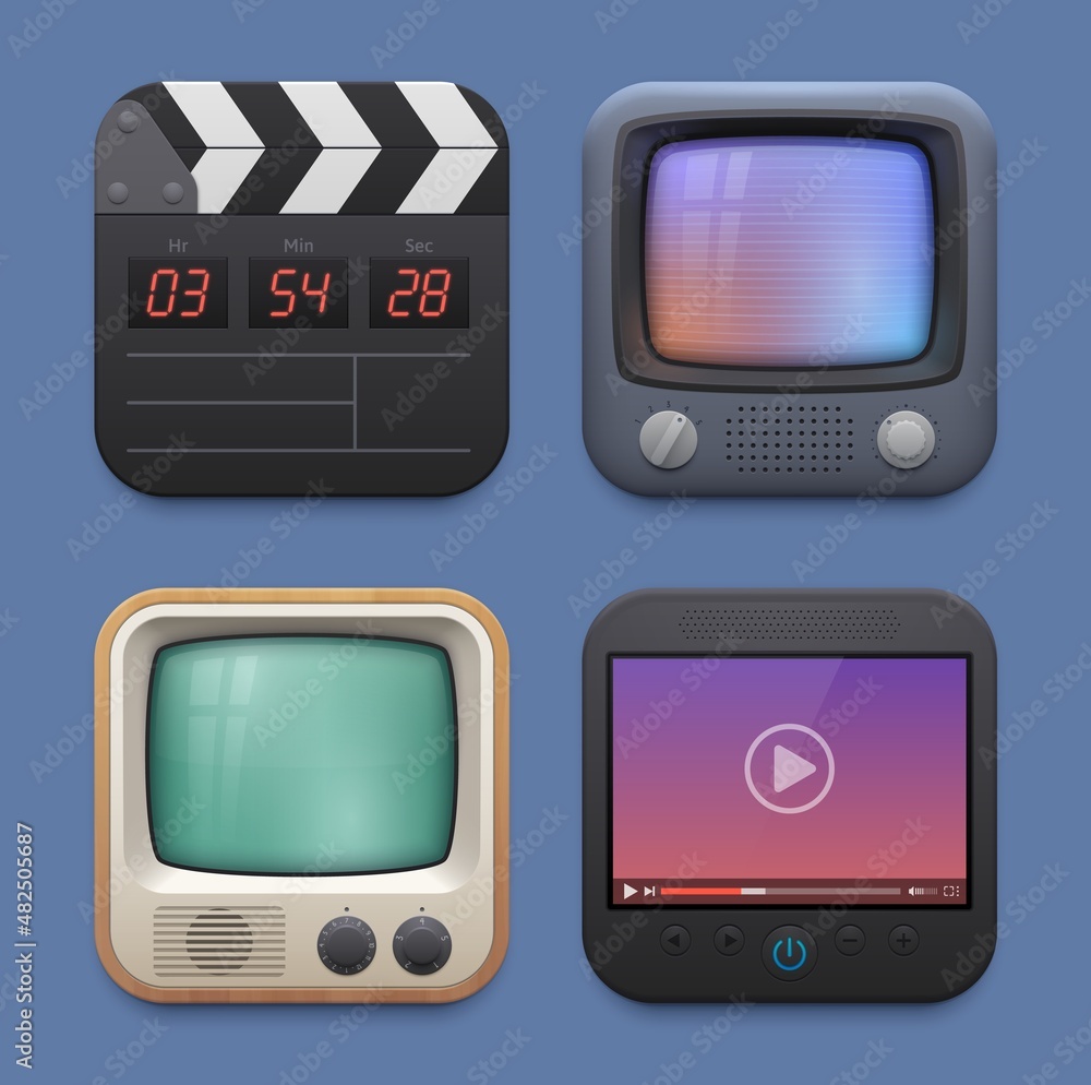 Poster movie clapper board, tv and video player interface icons. television and video broadcasting mobile p