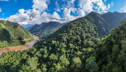 Aerial panorama of Amazon basin rainforest with river in Tarapoto/Peru taken with a drone - obrazy, fototapety, plakaty
