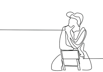 The man sitting on the chair from behind puts his hand on his chin and is deep in thought.