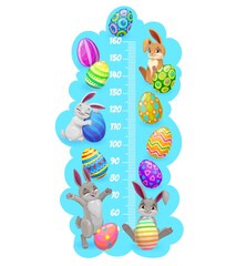 Cartoon bunnies and eggs kids height chart, vector growth measure meter or stadiometer. Centimeter ruler scale with Easter painted eggs and cute rabbits, children height or growth chart wall sticker