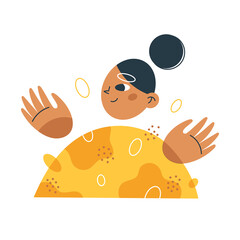 Young woman character with happy face and abstract  shapes. Happiness and positive emotions concept. Colorful flat vector illustration.