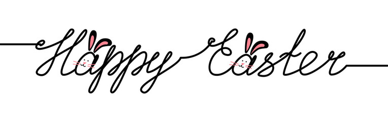 Happy Easter calligraphic hand lettering, handwritten inscription with bunny. Continuous one line drawing of phrase. Design element for Easter holidays single line art. Vector