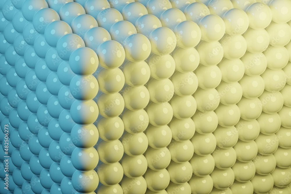 Poster colorful sphere 3d render yellow blue ball pattern with rubber texture with reflections. abstract ar