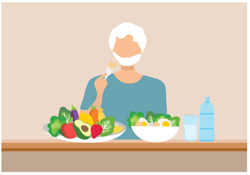 Healthy food for elderly  concept, old man and woman eating healthy food vector illustration