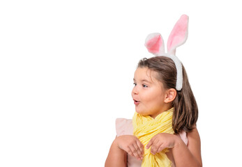Portrait of a child in Easter bunny ears peeking out isolated