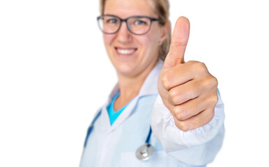 Young woman doctor showing thumbs up isolated