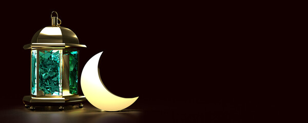 Dome mosque minaret  architecture city building moon night golden yellow night sign symbol 3d render